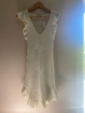 PP Beach Knit Crochet V-Neck White Swim Coverup Dress.